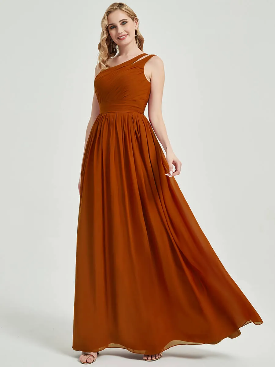 Olive Pleated One Shoulder A-Line Floor Length Chiffon Bridesmaid Dress