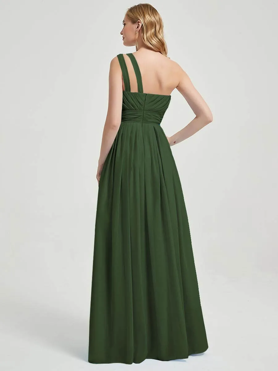 Olive Pleated One Shoulder A-Line Floor Length Chiffon Bridesmaid Dress
