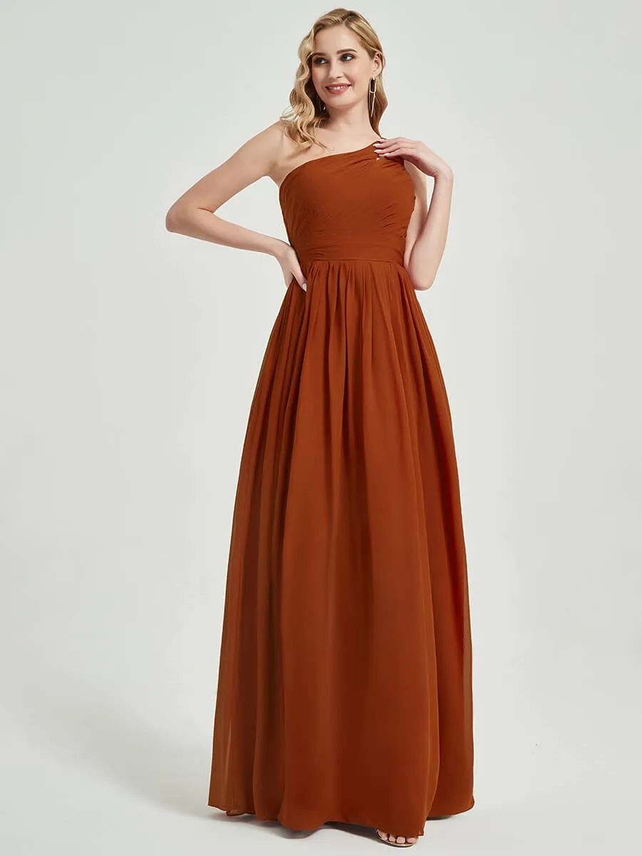 Olive Pleated One Shoulder A-Line Floor Length Chiffon Bridesmaid Dress