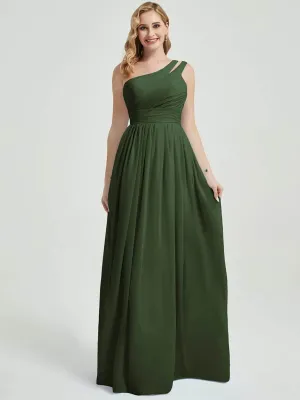 Olive Pleated One Shoulder A-Line Floor Length Chiffon Bridesmaid Dress