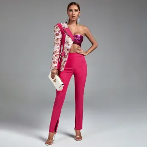 One Shoulder Long Sleeve Splicing Bodycon Set