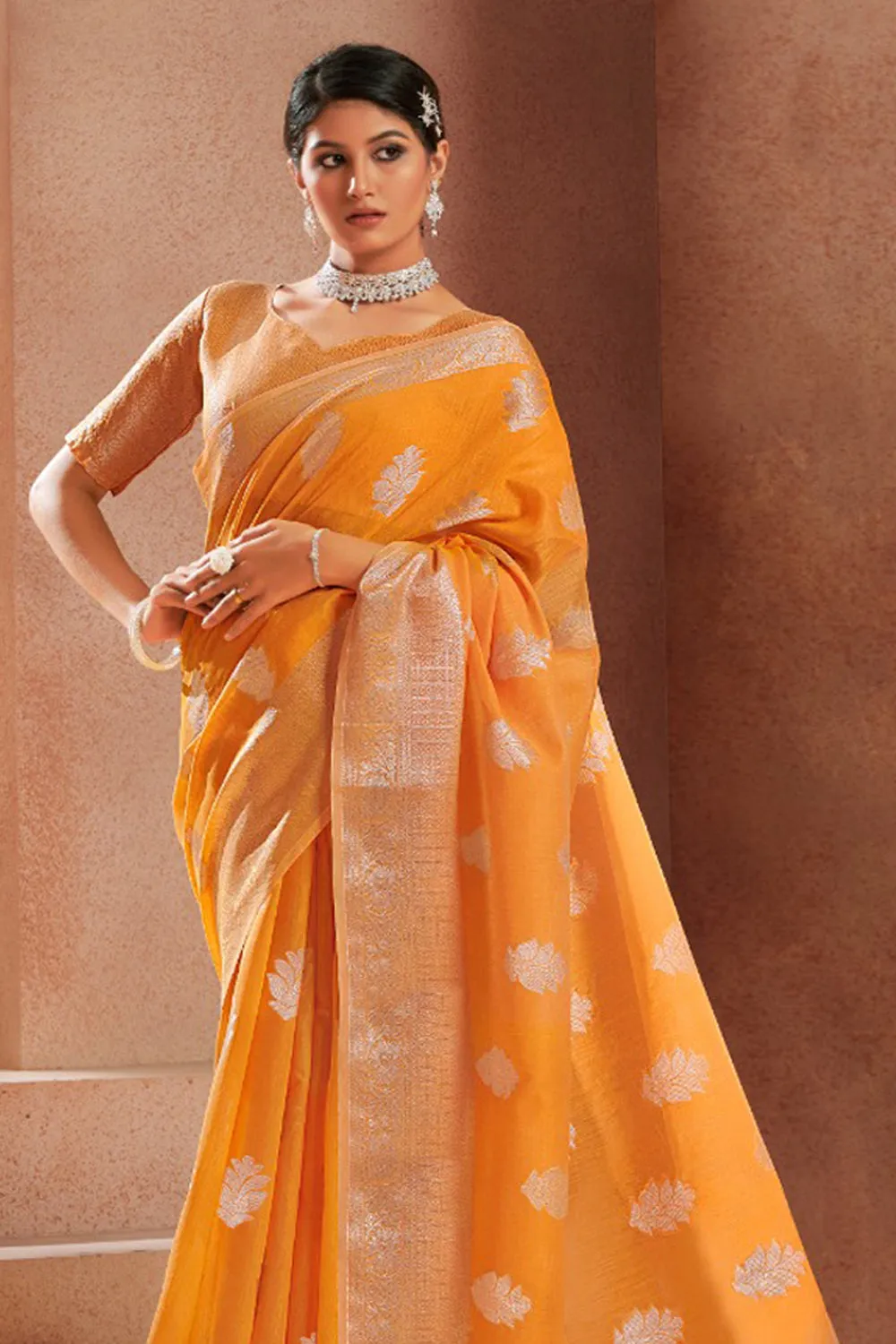 Orange Modal Silk With Silver Zari Weaving Sari With Matching Blouse