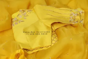Organza saree with stitched blouse,zardhosi work,fancy saree,yellow saree, sabyasachi saree inspired saree,lyte weight saree,cocktail saree