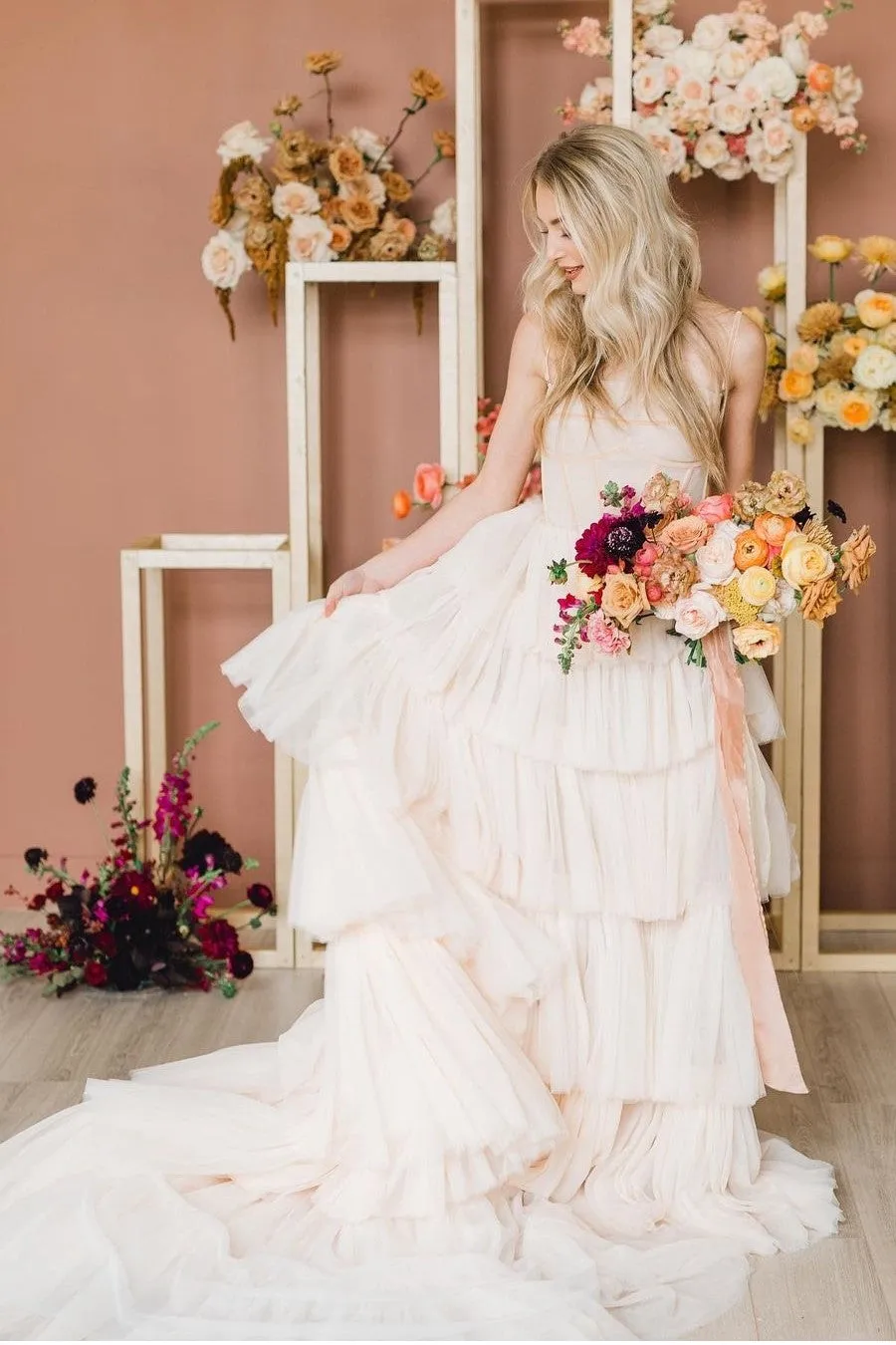 Pale Blush Pink Wedding Dresses with Tulle Tiered Skirt