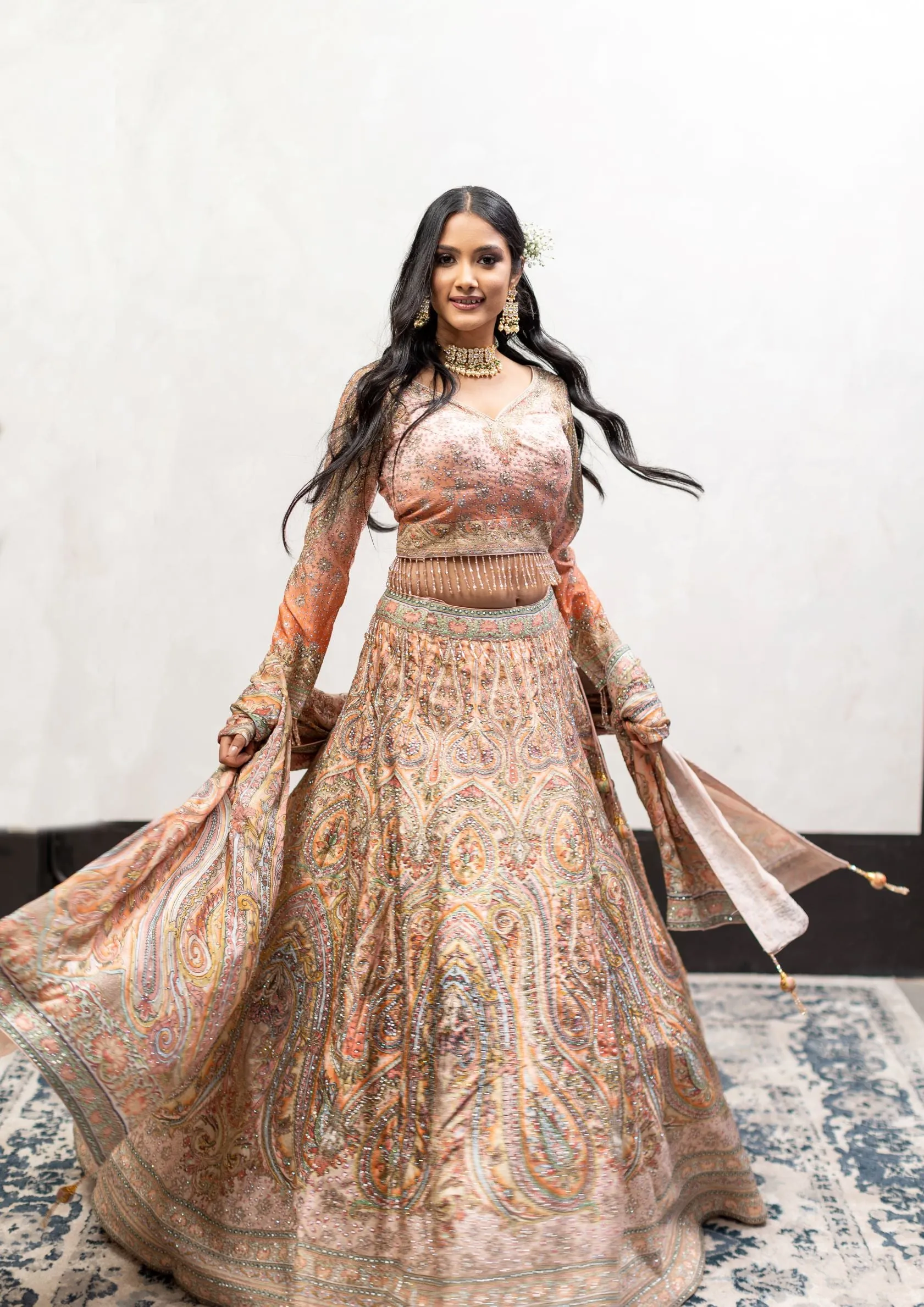 Pastel Peach Color Swarovski Work Wedding Lehenga