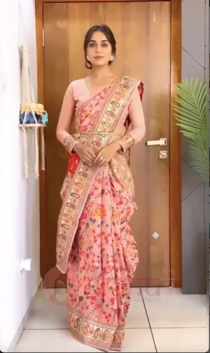 Peach Color Kashmiri Modal Handloom Weaving Saree