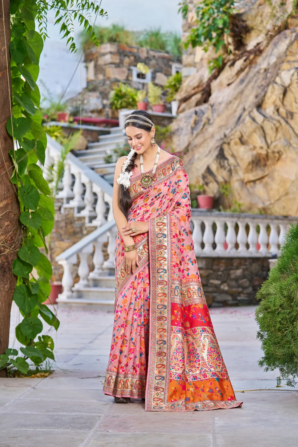 Peach Color Kashmiri Modal Handloom Weaving Saree