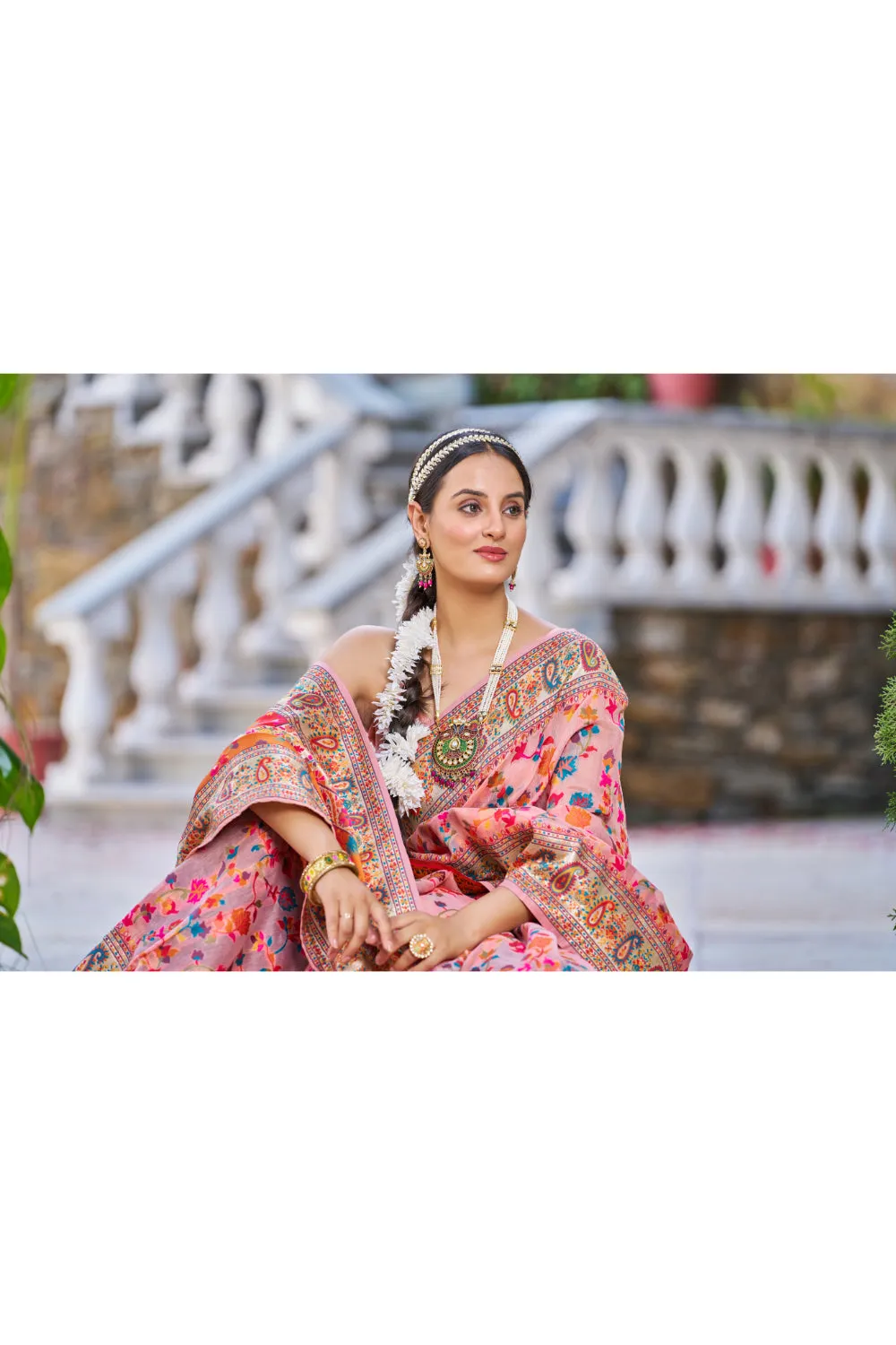 Peach Color Kashmiri Modal Handloom Weaving Saree