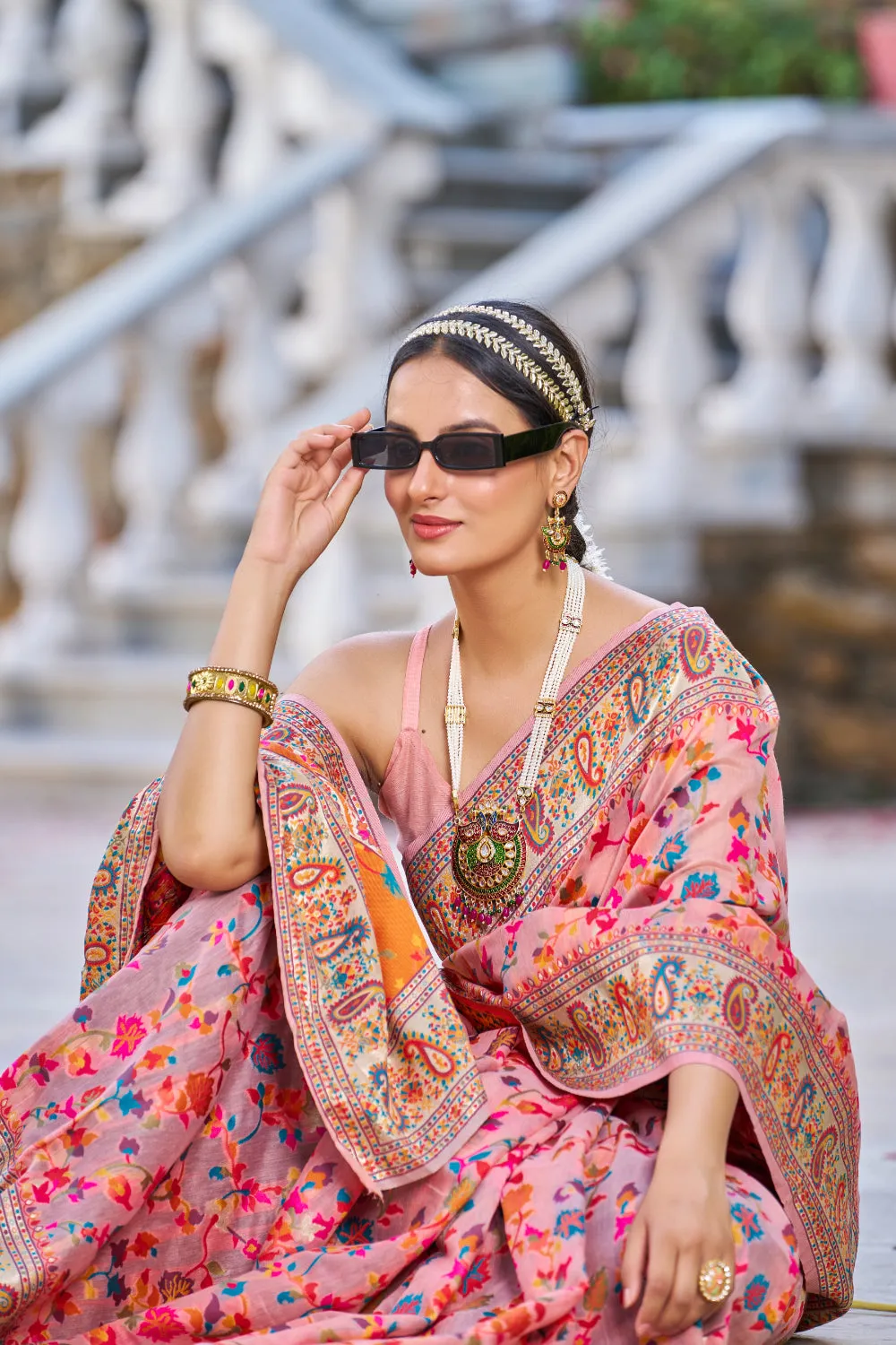 Peach Color Kashmiri Modal Handloom Weaving Saree