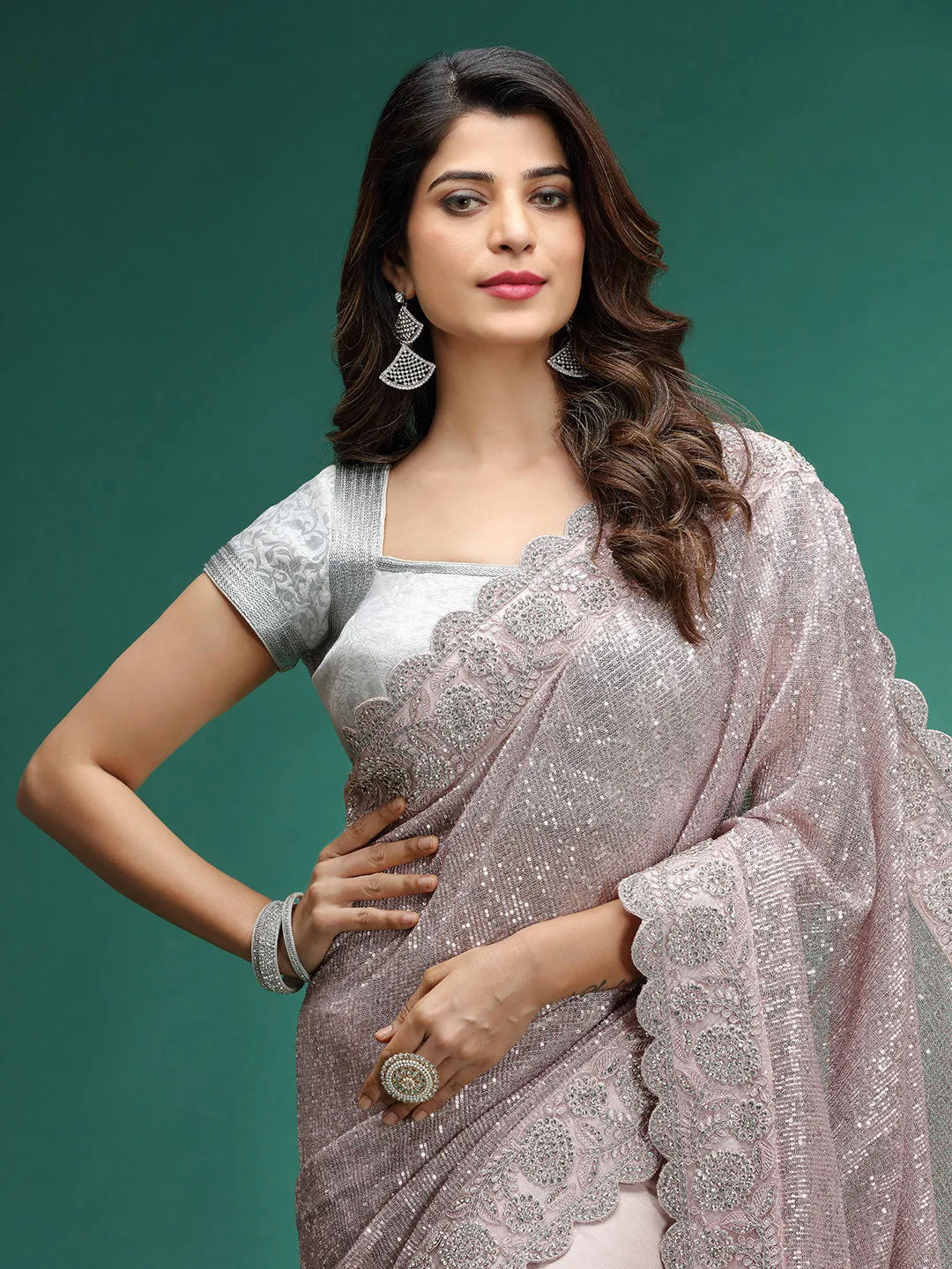 Peach Imported Saree With Sequence & Zari Flower Aplic Heavy Work