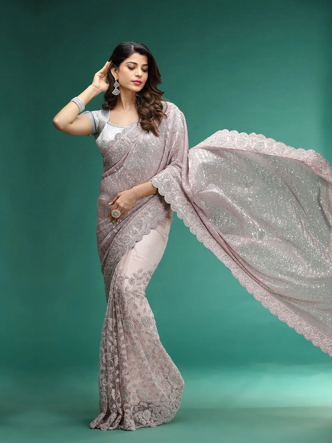 Peach Imported Saree With Sequence & Zari Flower Aplic Heavy Work