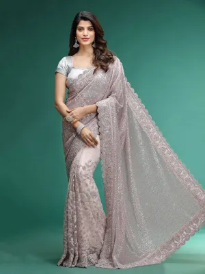 Peach Imported Saree With Sequence & Zari Flower Aplic Heavy Work