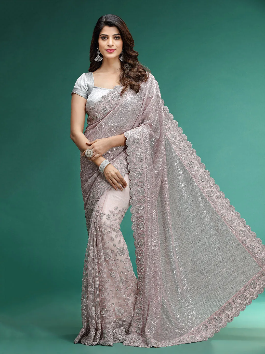 Peach Imported Saree With Sequence & Zari Flower Aplic Heavy Work