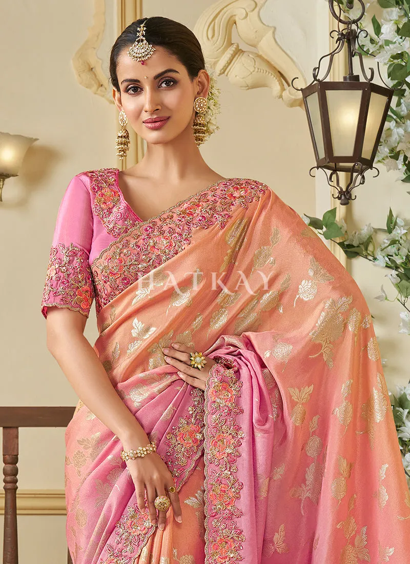 Peachish Pink Multi Embroidery Tissue Silk Saree