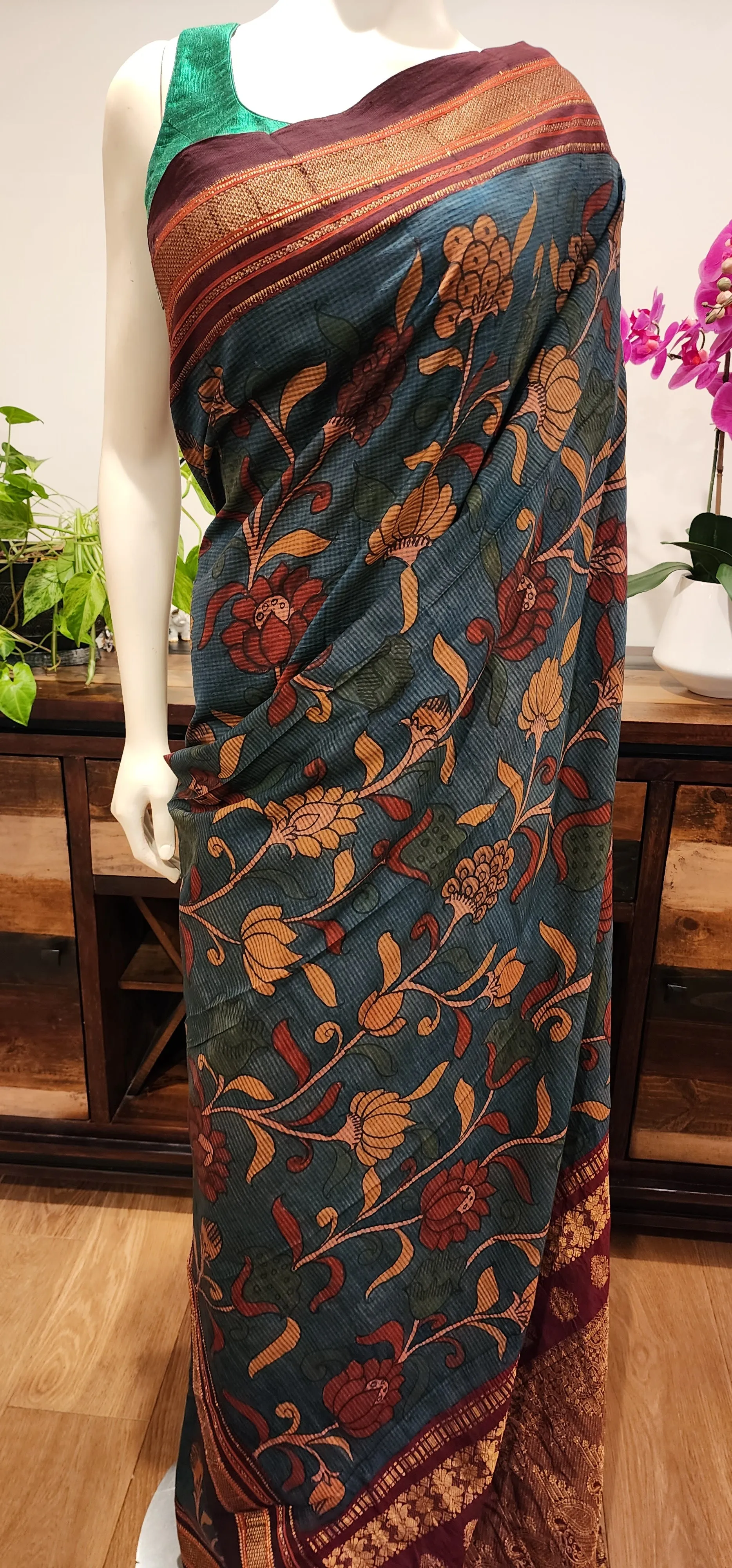Pen Kalamkari Gadwal Silk Saree W/ Custom Blouse.