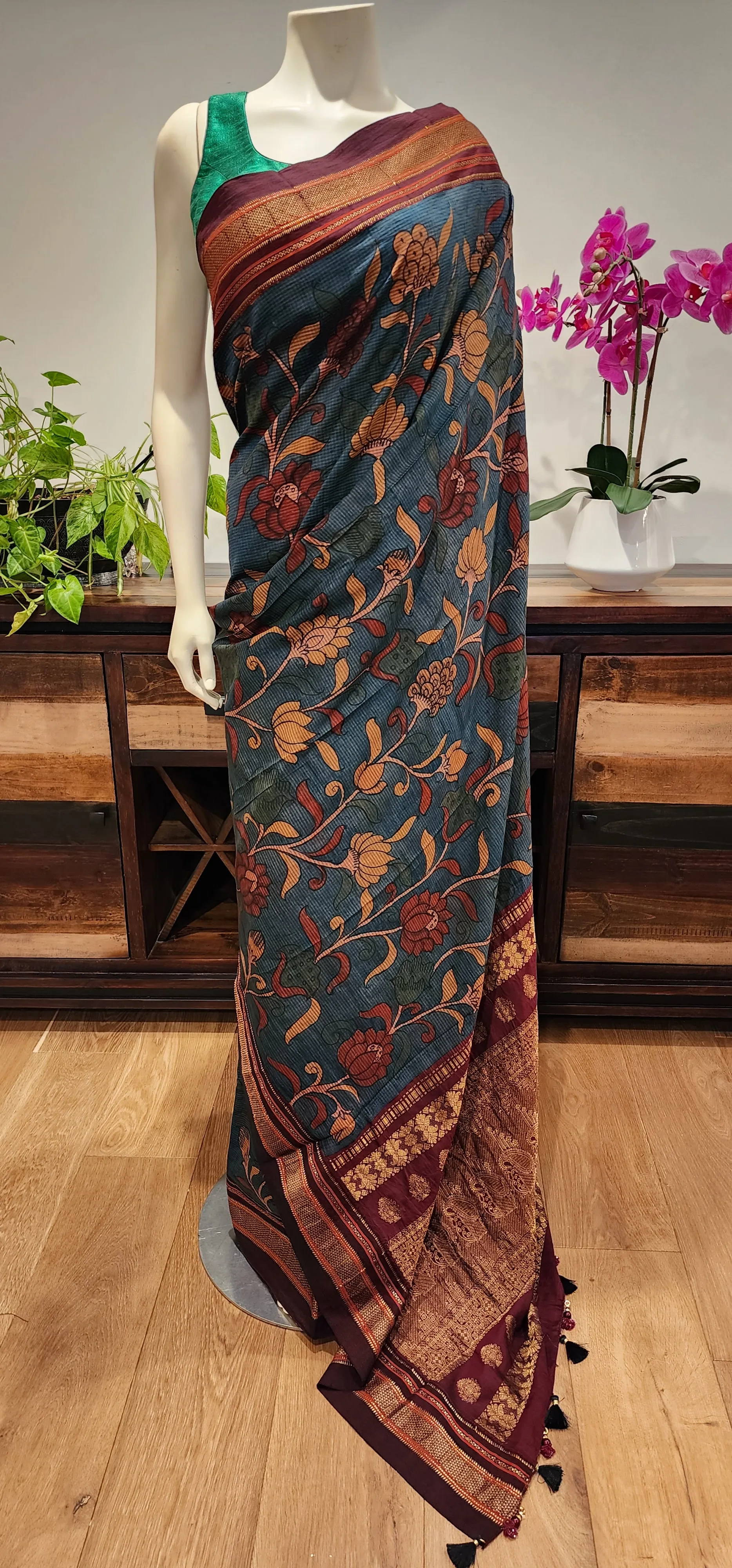 Pen Kalamkari Gadwal Silk Saree W/ Custom Blouse.