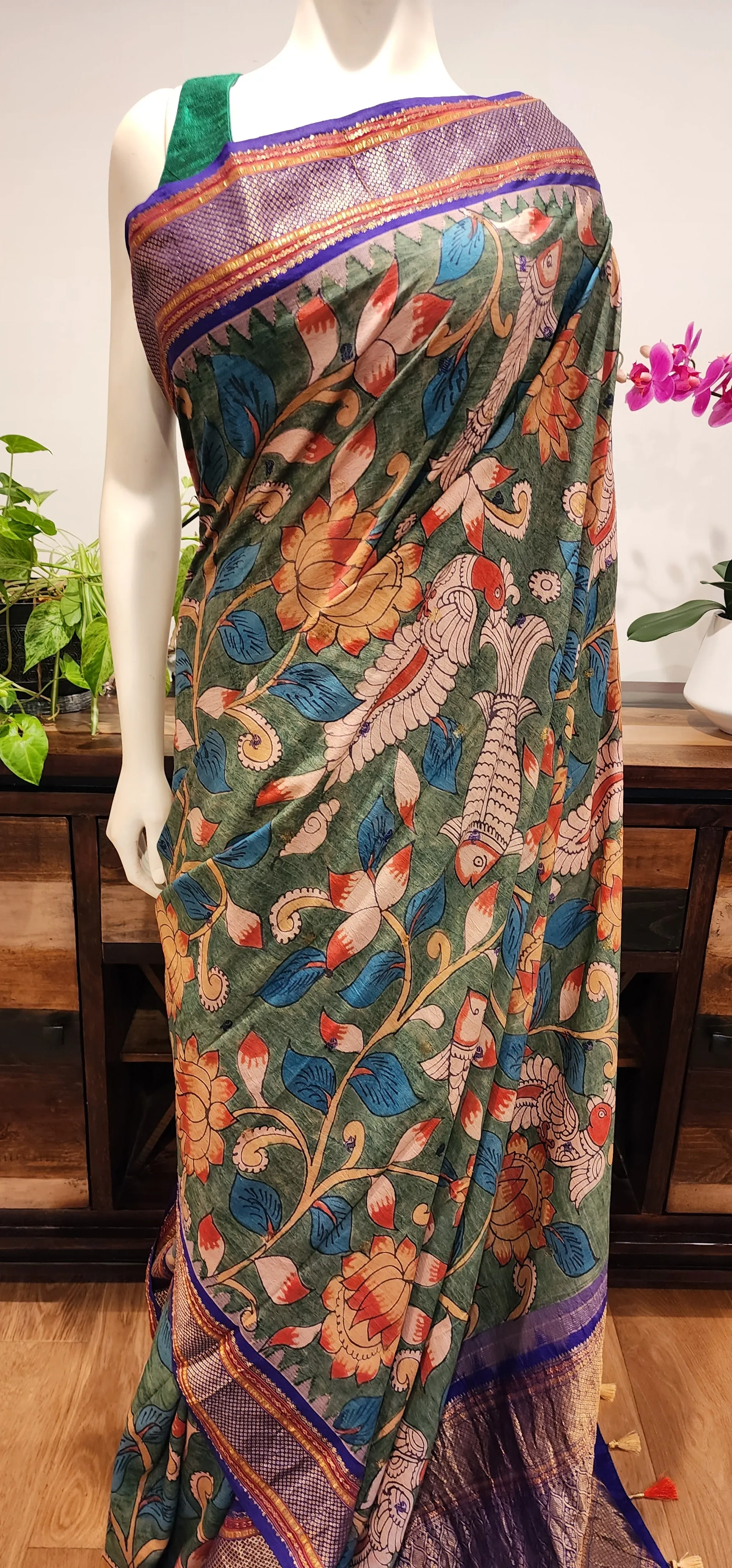 Pen Kalamkari Gadwal Silk Saree W/ Custom Blouse.