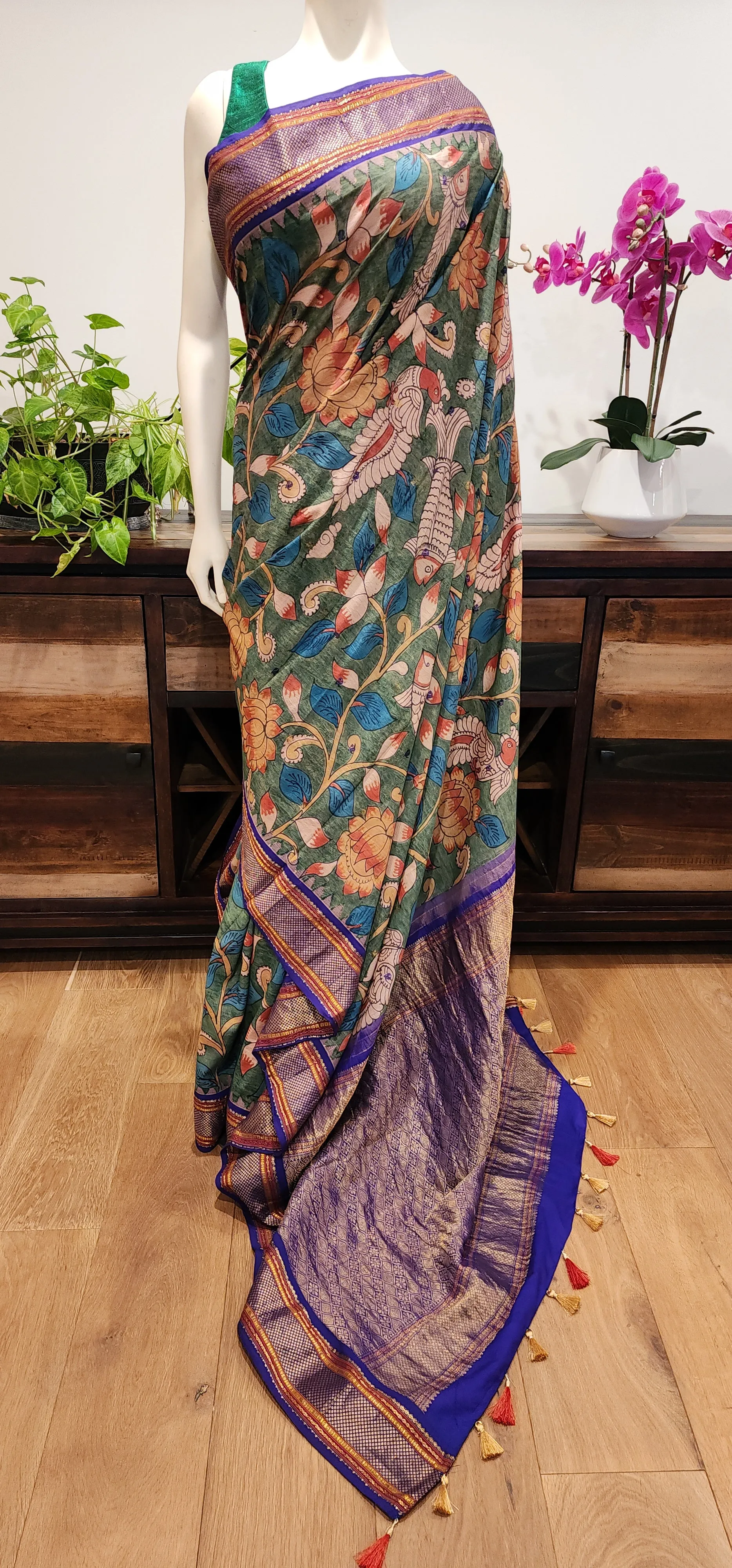 Pen Kalamkari Gadwal Silk Saree W/ Custom Blouse.