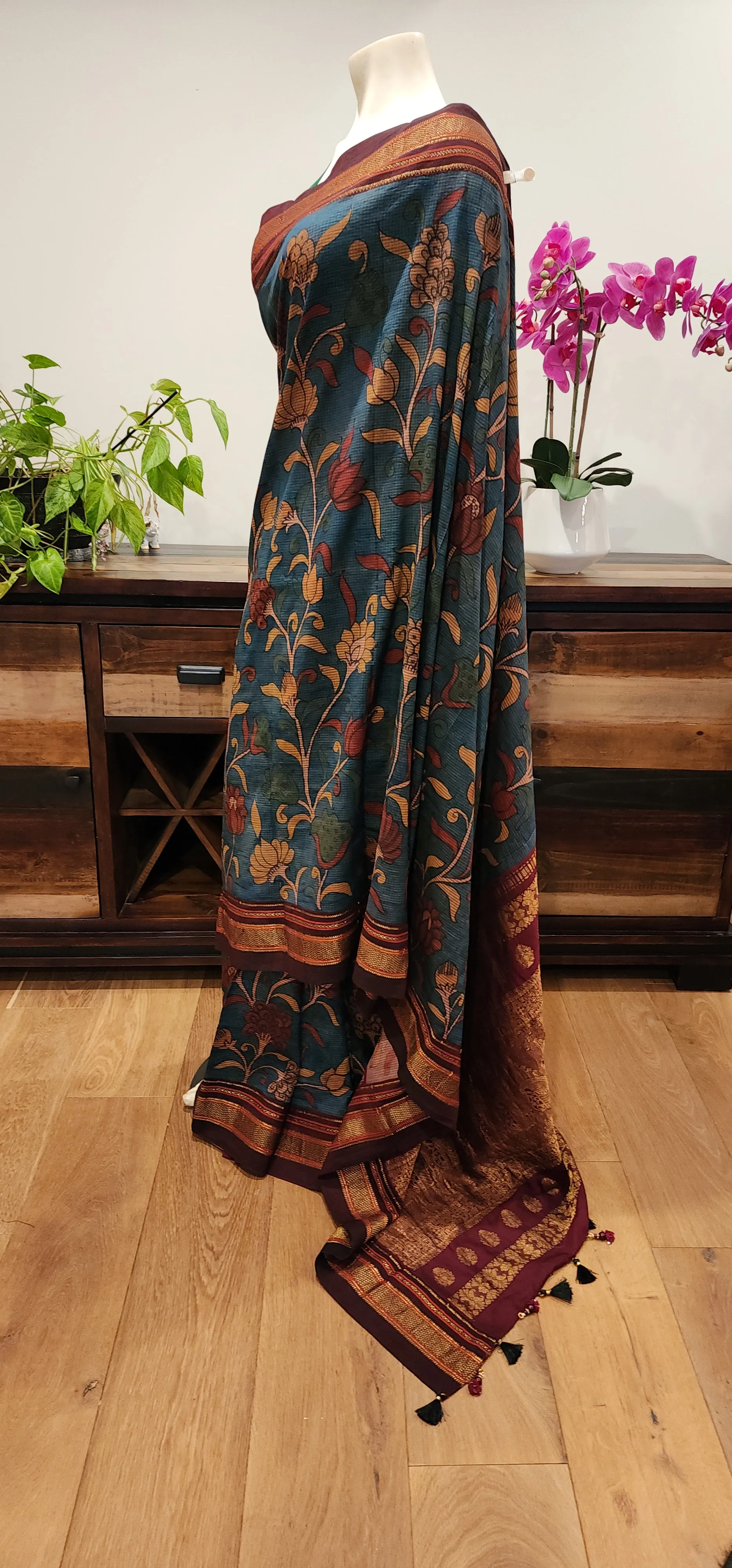 Pen Kalamkari Gadwal Silk Saree W/ Custom Blouse.