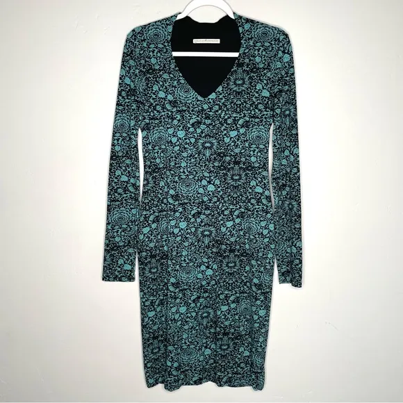 Peruvian Connection Broderie Dress Small S Turquoise Floral V-Neck Long Sleeve