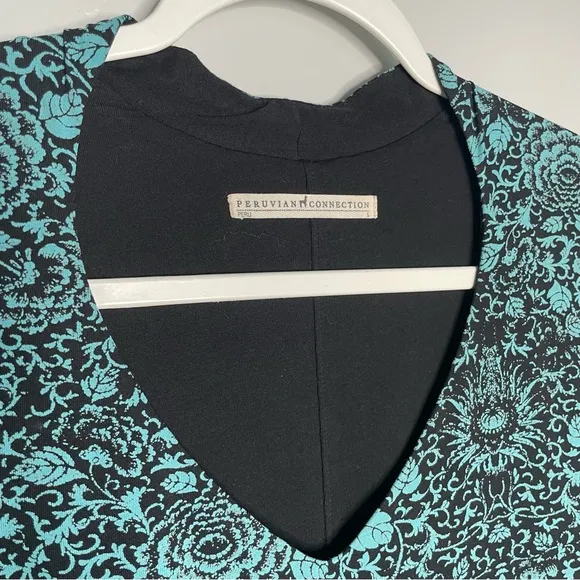 Peruvian Connection Broderie Dress Small S Turquoise Floral V-Neck Long Sleeve
