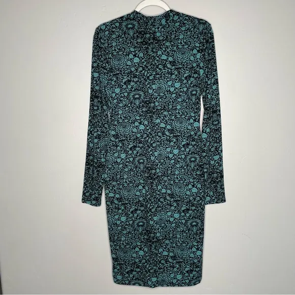 Peruvian Connection Broderie Dress Small S Turquoise Floral V-Neck Long Sleeve