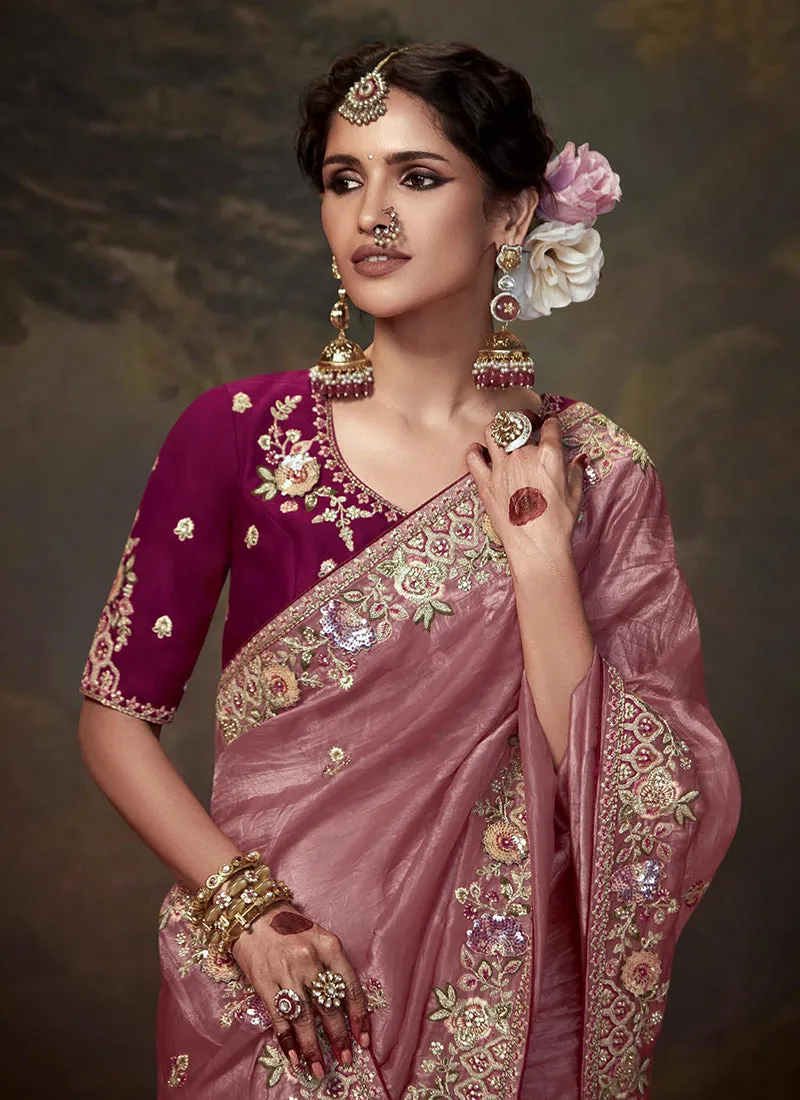 Pink And Magenta Multi Embroidery Wedding Silk Saree