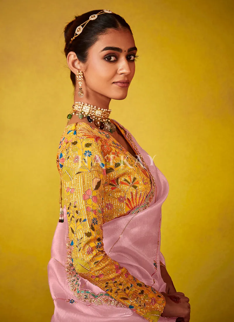 Pink And Yellow Multi Embroidery Silk Saree