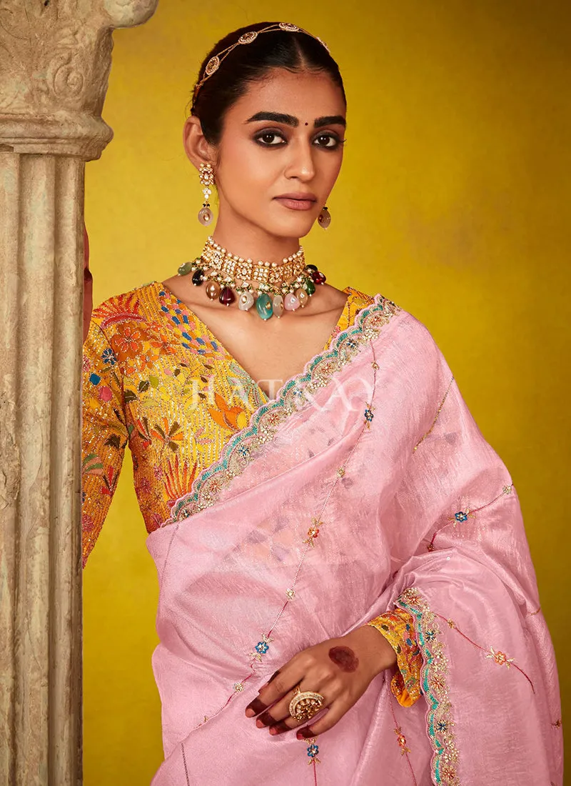 Pink And Yellow Multi Embroidery Silk Saree