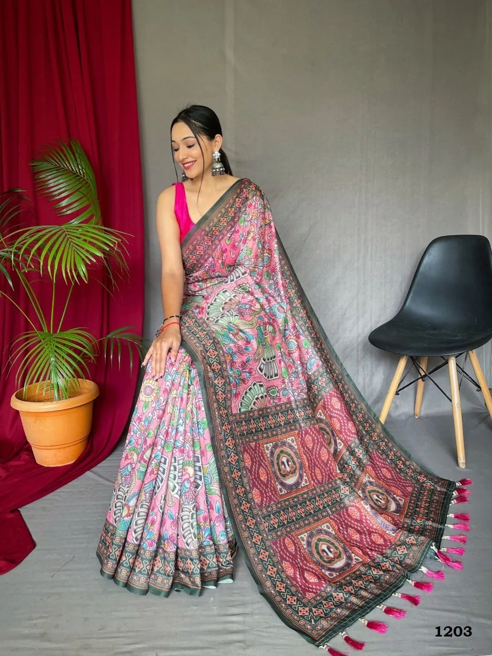 Pink Cotton Kalamkari Digital Print Saree