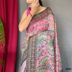 Pink Cotton Kalamkari Digital Print Saree