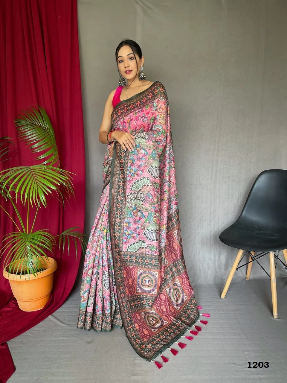 Pink Cotton Kalamkari Digital Print Saree