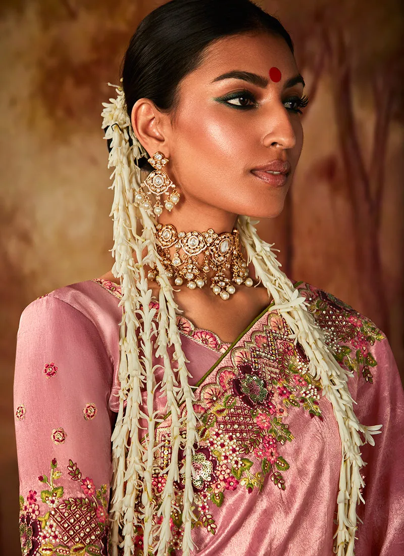Pink Multi Embroidery Banarasi Kanjivaram Silk Saree