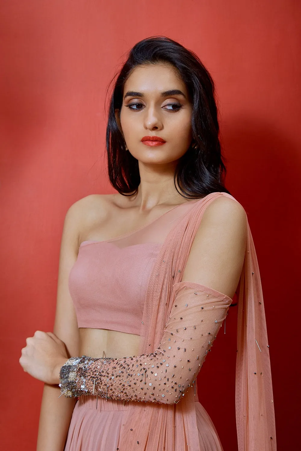 Pink One Shoulder Lehenga