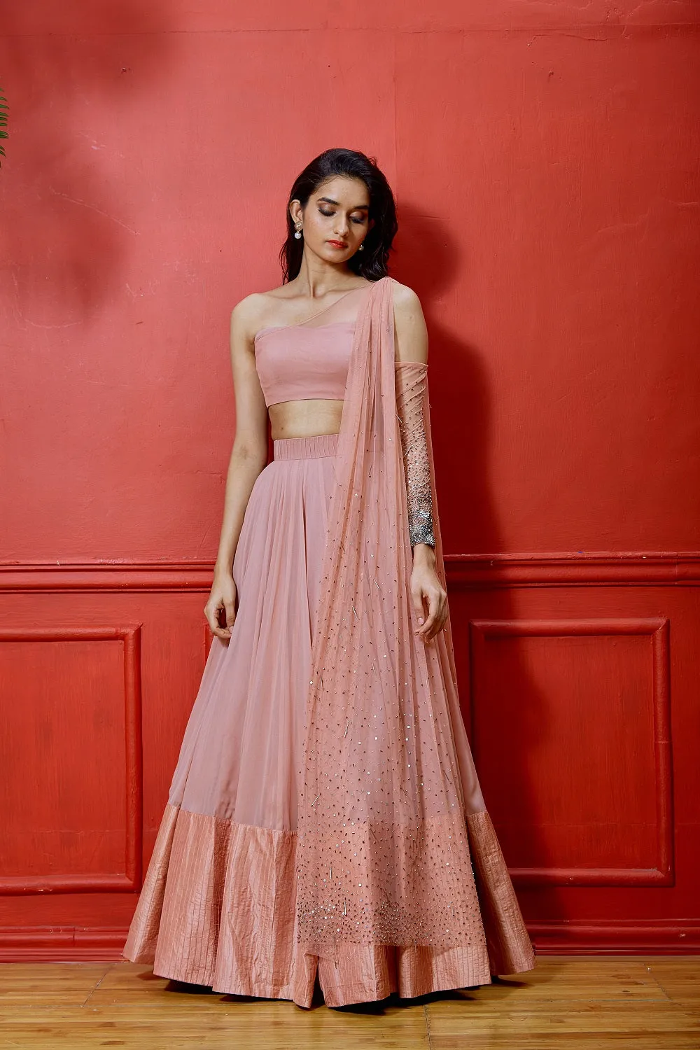 Pink One Shoulder Lehenga