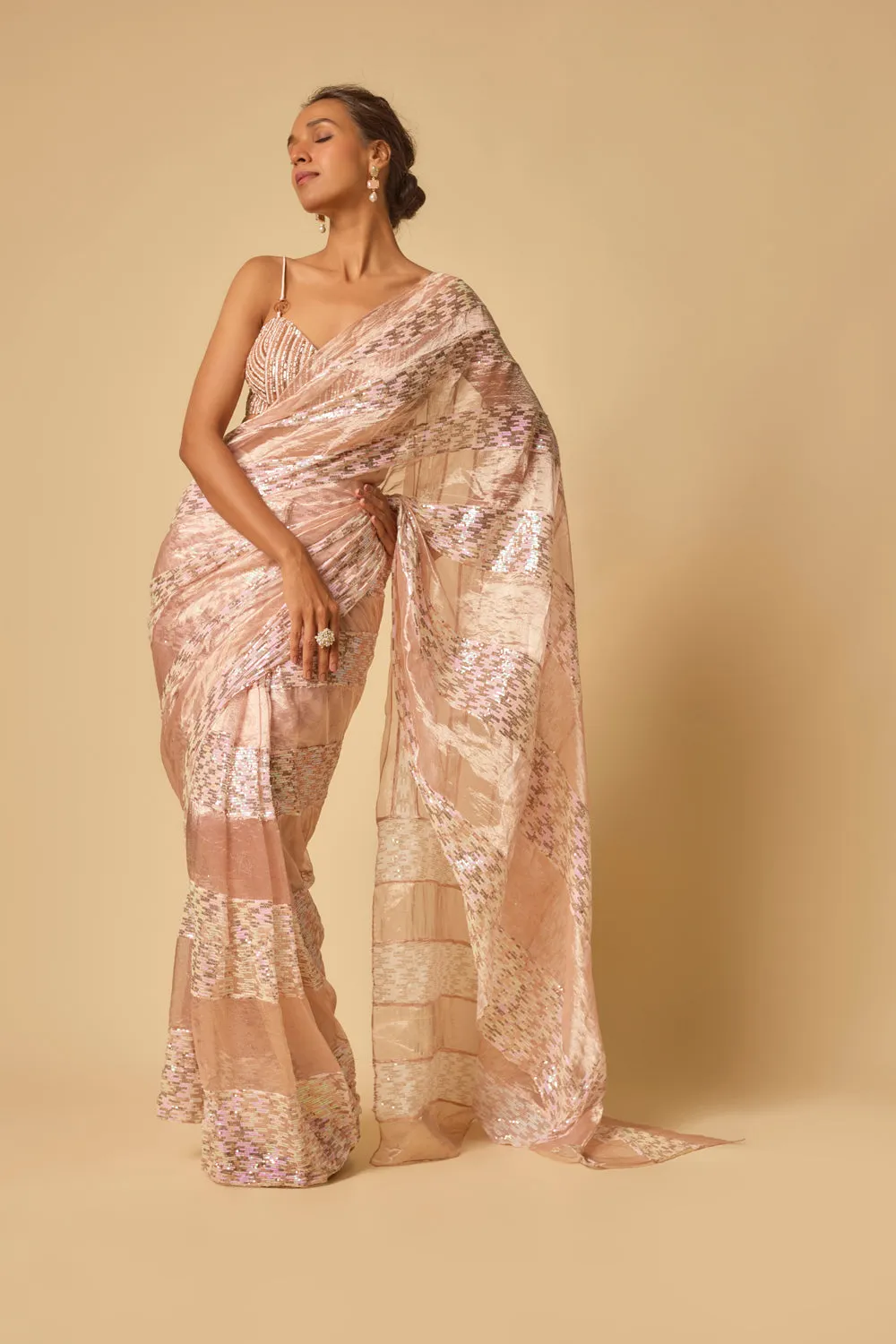 Pink Tissue And.Sequin Block Pre-Stitched Saree With Embroidered Blouse
