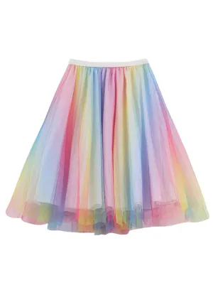 Pleated Knee Length Elastic High Waist A-Line Midi Tulle Skirt