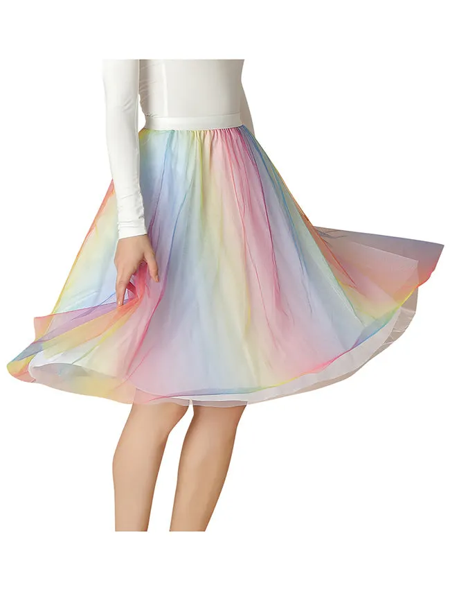 Pleated Knee Length Elastic High Waist A-Line Midi Tulle Skirt