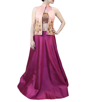 PLUM LEHENGA W/ SEQUENCE BLOUSE PAIRED WITH A BABY PINK BLAZER.
