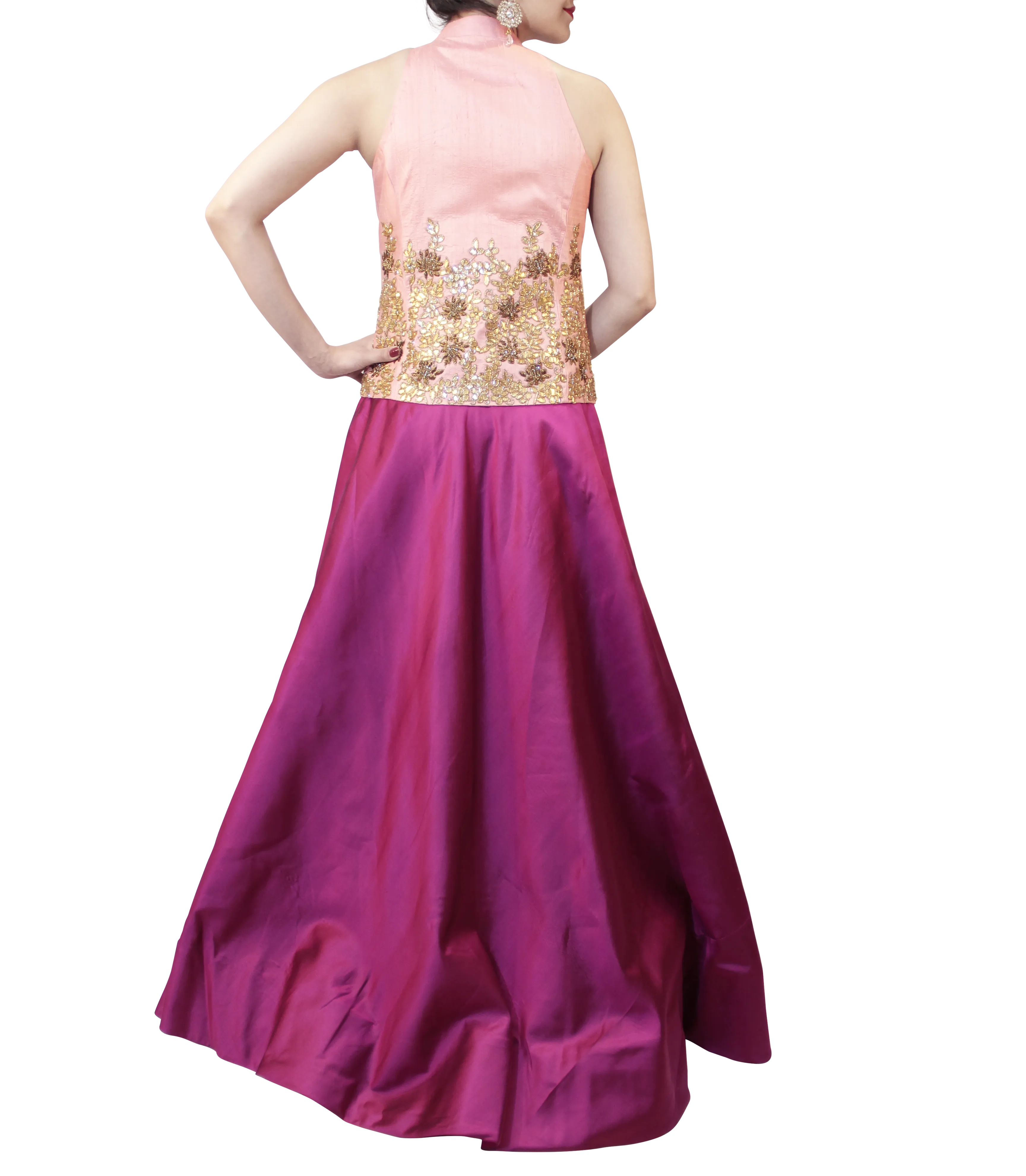 PLUM LEHENGA W/ SEQUENCE BLOUSE PAIRED WITH A BABY PINK BLAZER.
