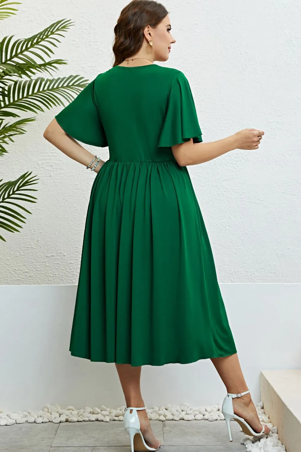 Plus Size Flutter Sleeve A-Line Midi Dress