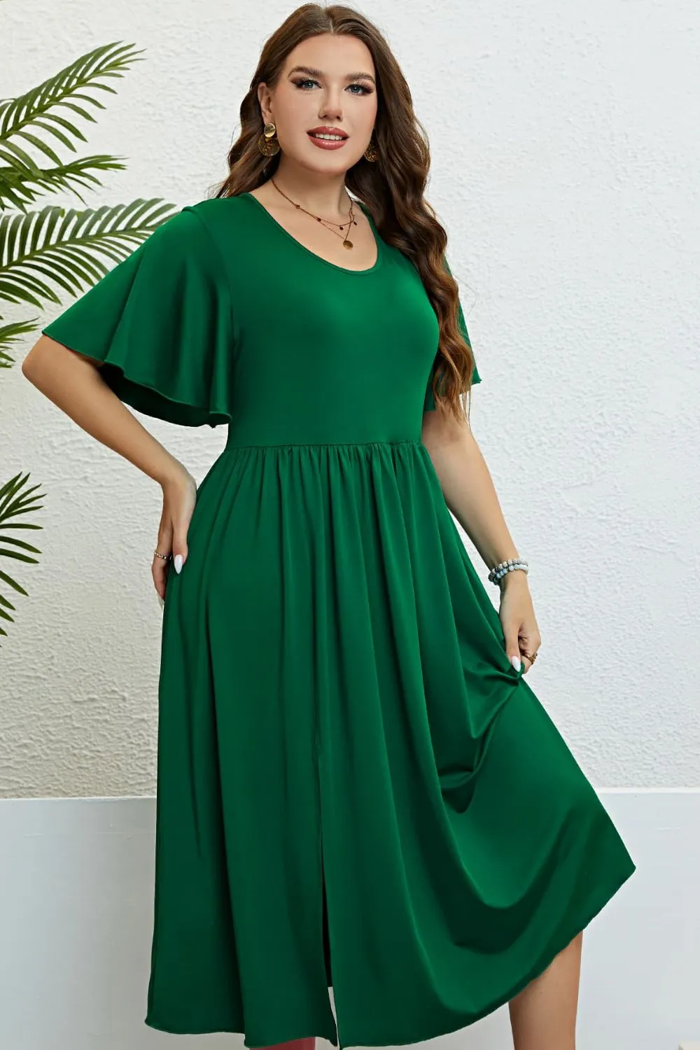 Plus Size Flutter Sleeve A-Line Midi Dress