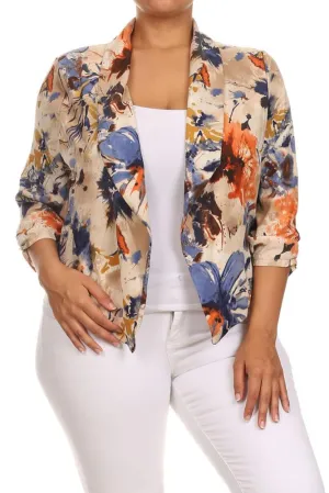 Plus Size Vintage Inspired Floral Orange Blazer