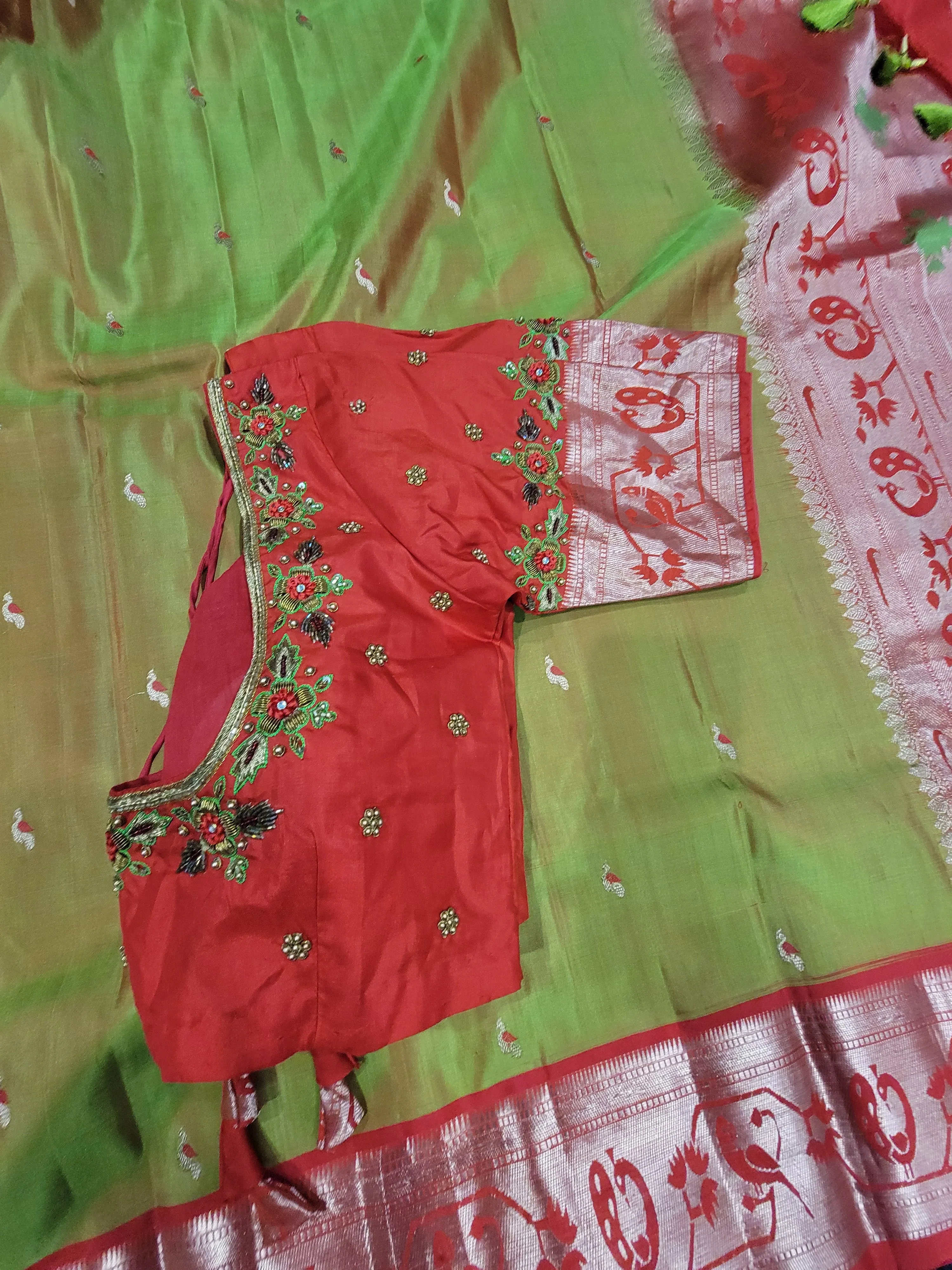 Pure Kanchi Pattu Silk Saree w/ Work Blouse in Green and Red