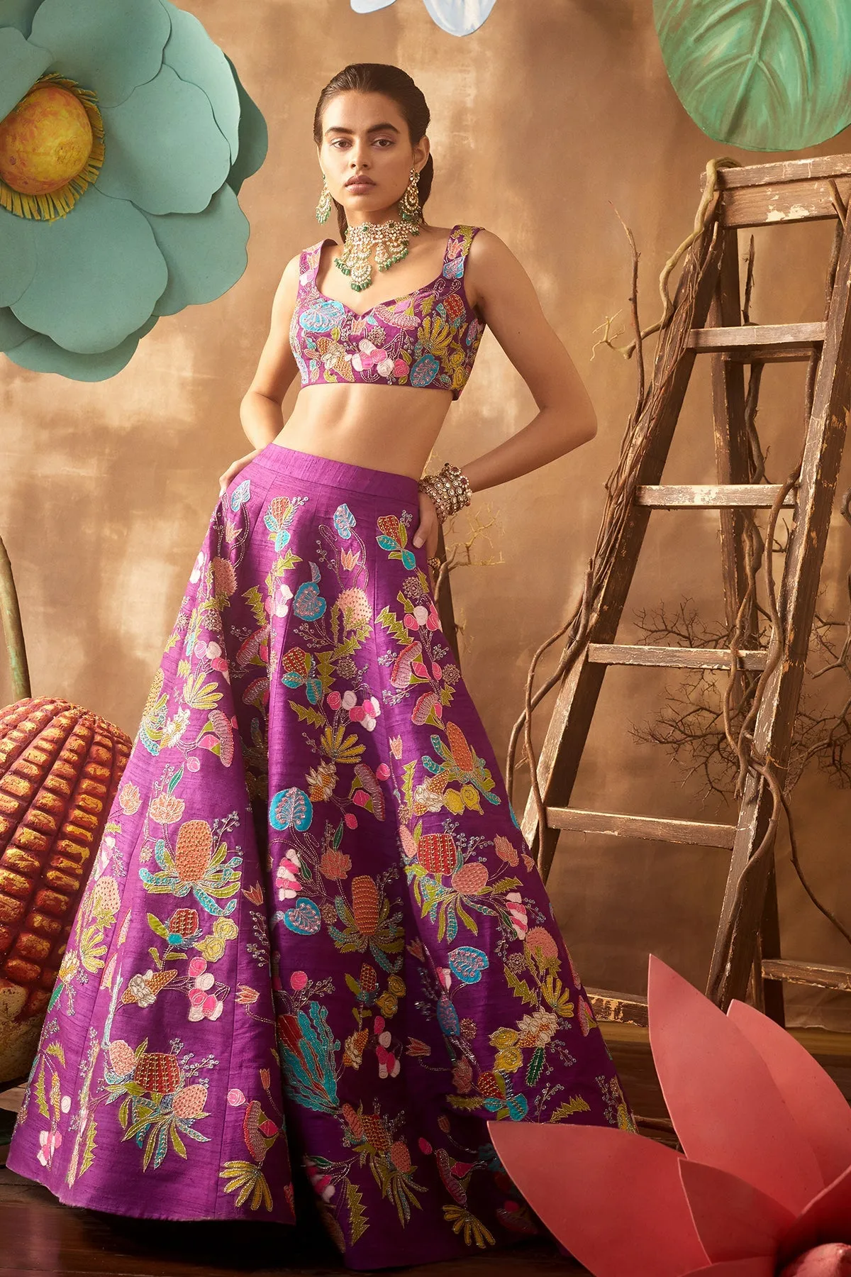Purple Pastiche Raw Silk Appliquéd And Embellished Lehenga With Blouse And Cutwork Dupatta