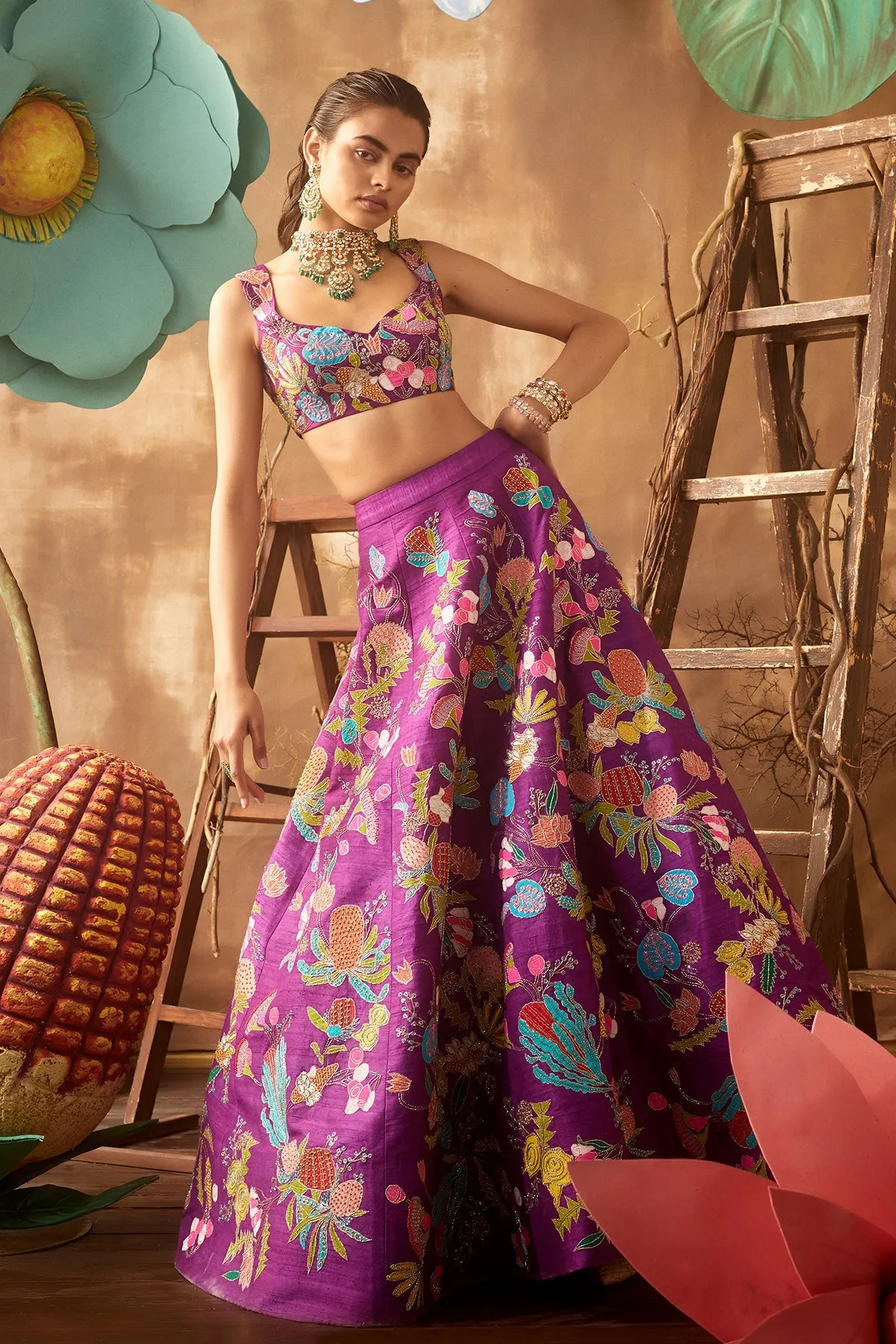 Purple Pastiche Raw Silk Appliquéd And Embellished Lehenga With Blouse And Cutwork Dupatta