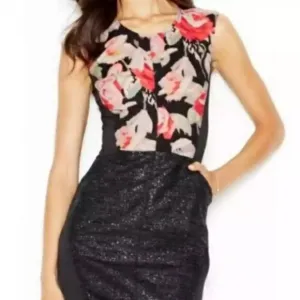 RACHEL Rachel Roy‎ Floral Mixed Media Black Sheath Cocktail Dress, Size 10