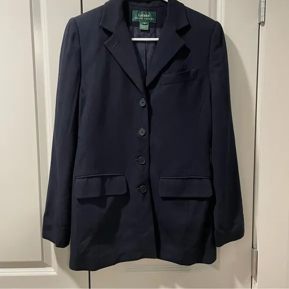 Ralph Lauren Women’s Blazer Jacket 4 Button Front Navy Size 4 Rayon Wool Blend