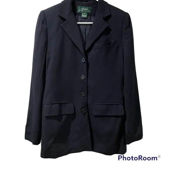 Ralph Lauren Women’s Blazer Jacket 4 Button Front Navy Size 4 Rayon Wool Blend