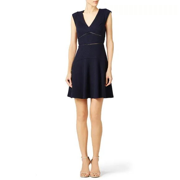 Rebecca Taylor Navy Blue Sailor Dress Size 10 Fit n Flare Waffle Texture V Neck
